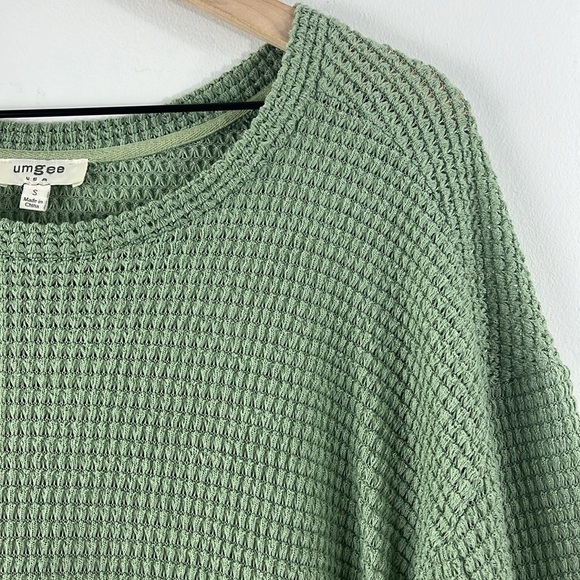 Umgee Green Waffleknit Boxy Cuff Sleeve Boho Oversize Top Womens Size S - Picture 4 of 7